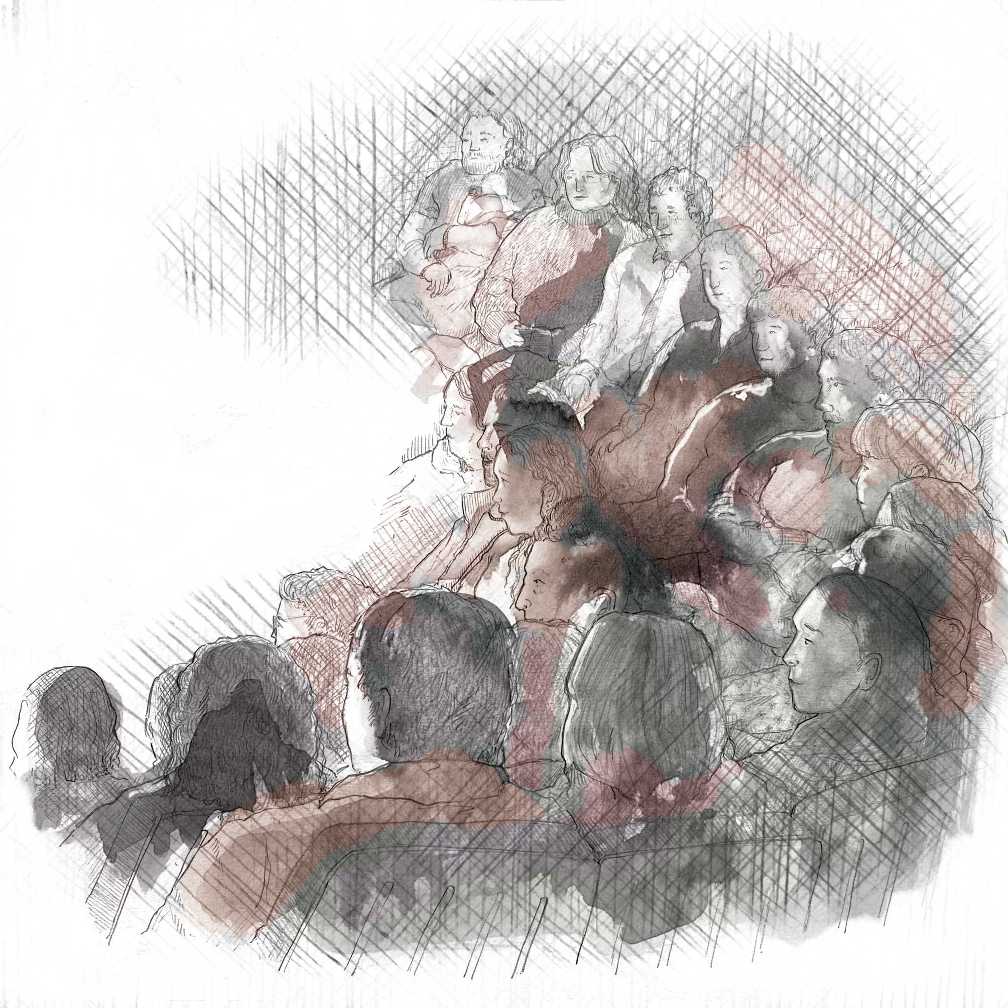Sketch of several people sitting together, with a focus on their faces. The drawing has a cross-hatch style with some areas filled with light shading, capturing a candid moment or gathering.