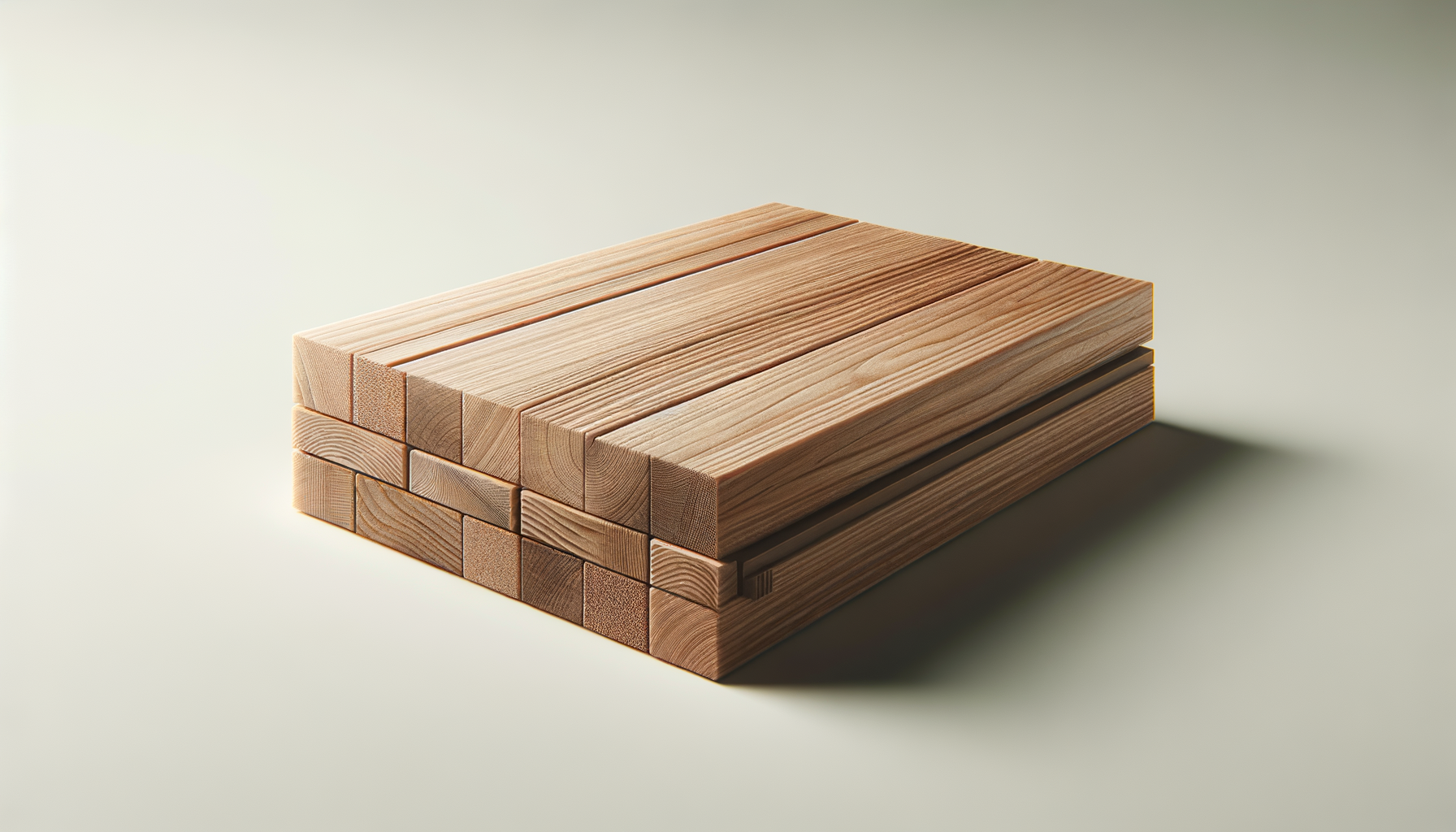Stack of wooden planks on a light-colored surface with a neutral background.