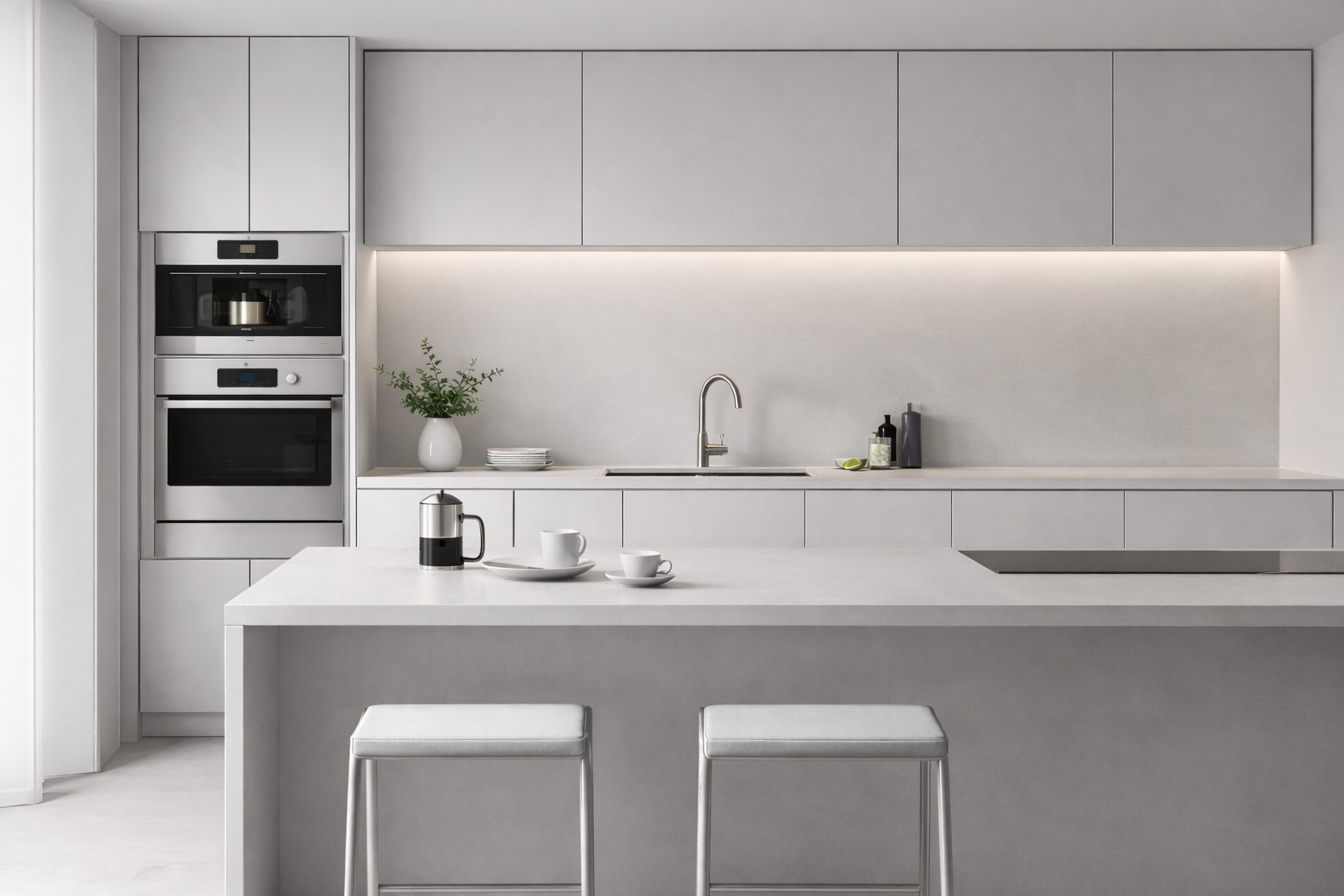 Minimalist white kitchen with built-in appliances, a countertop with a coffee maker and cups, and bar stools.