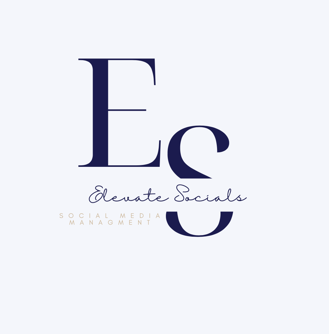 Logo with large navy blue letters E and C, cursive text 'Elevate Socials' underneath, and smaller gold text 'Social Media Management'.