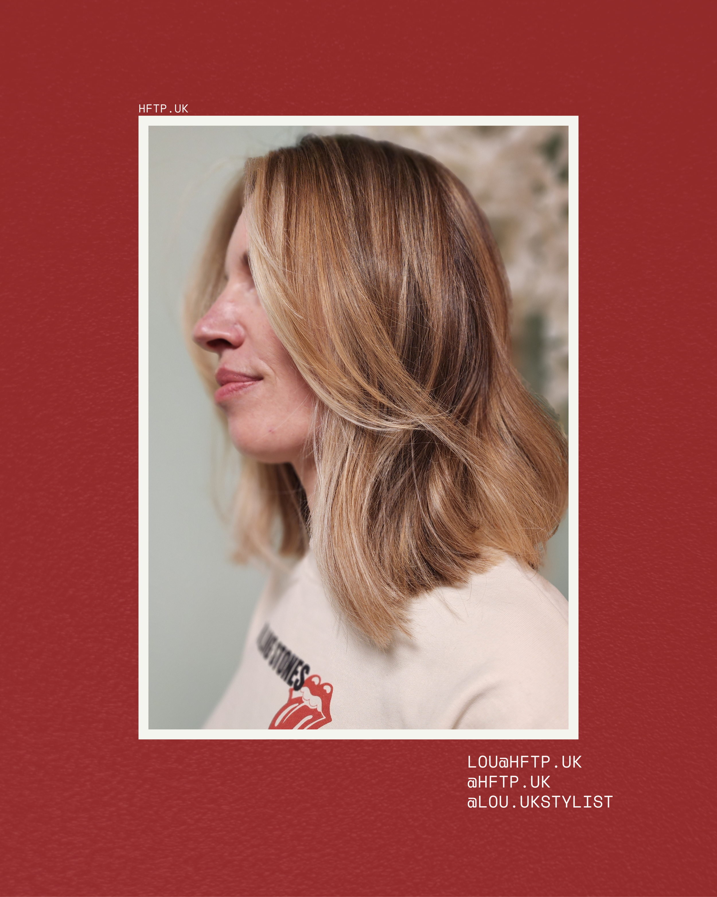 Side profile of a woman with shoulder-length, light brown hair with blonde highlights, wearing a beige shirt with a Rolling Stones logo, against a blurred background.