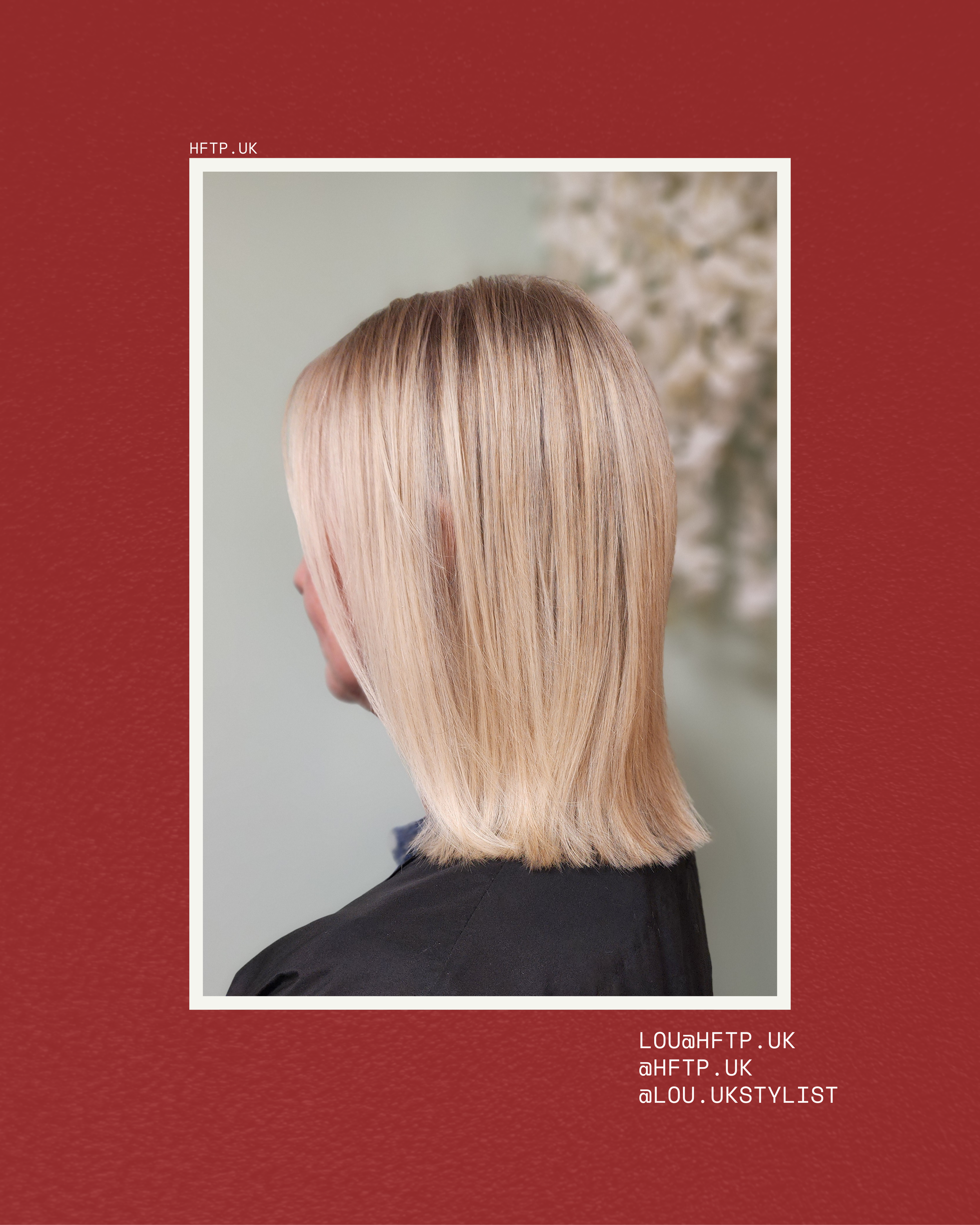 A woman with shoulder-length blonde hair, styled straight, viewed from the side.