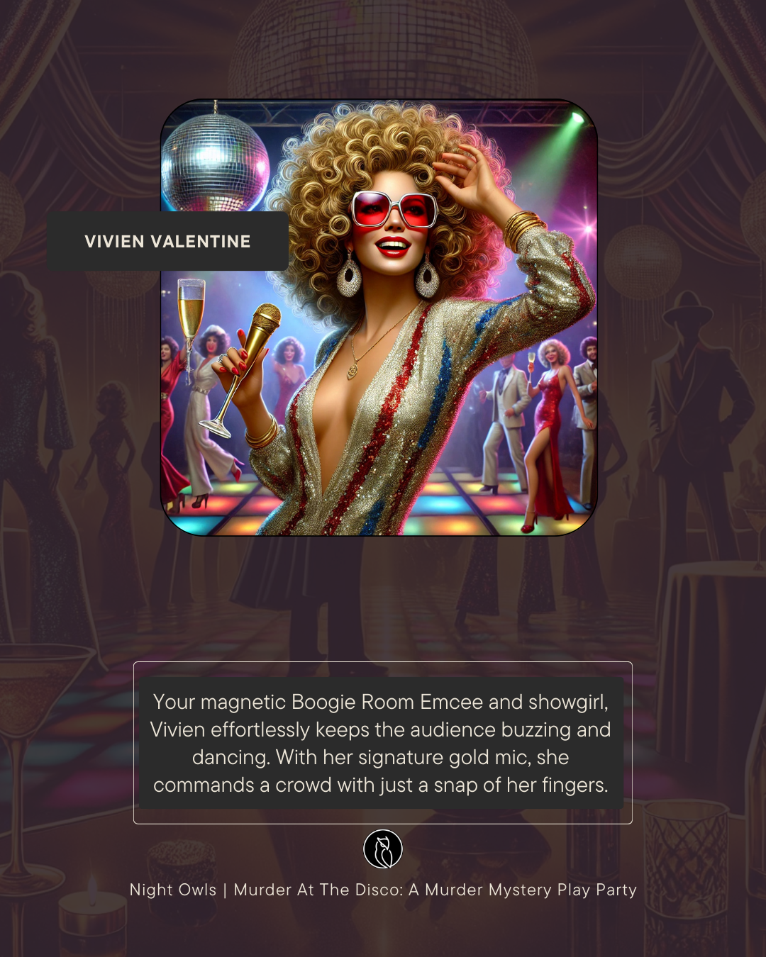 In a disco scene, a glamorous woman with curly blonde hair, red sunglasses, and a gold-sequined dress holds a microphone and a champagne glass, with a crowd dancing in the background. Disco balls and colorful lighting set the lively atmosphere.