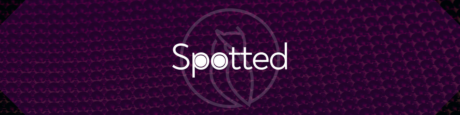 Dark purple background with repeating pattern of skulls, with the word 'Spotted' written in white in the center.