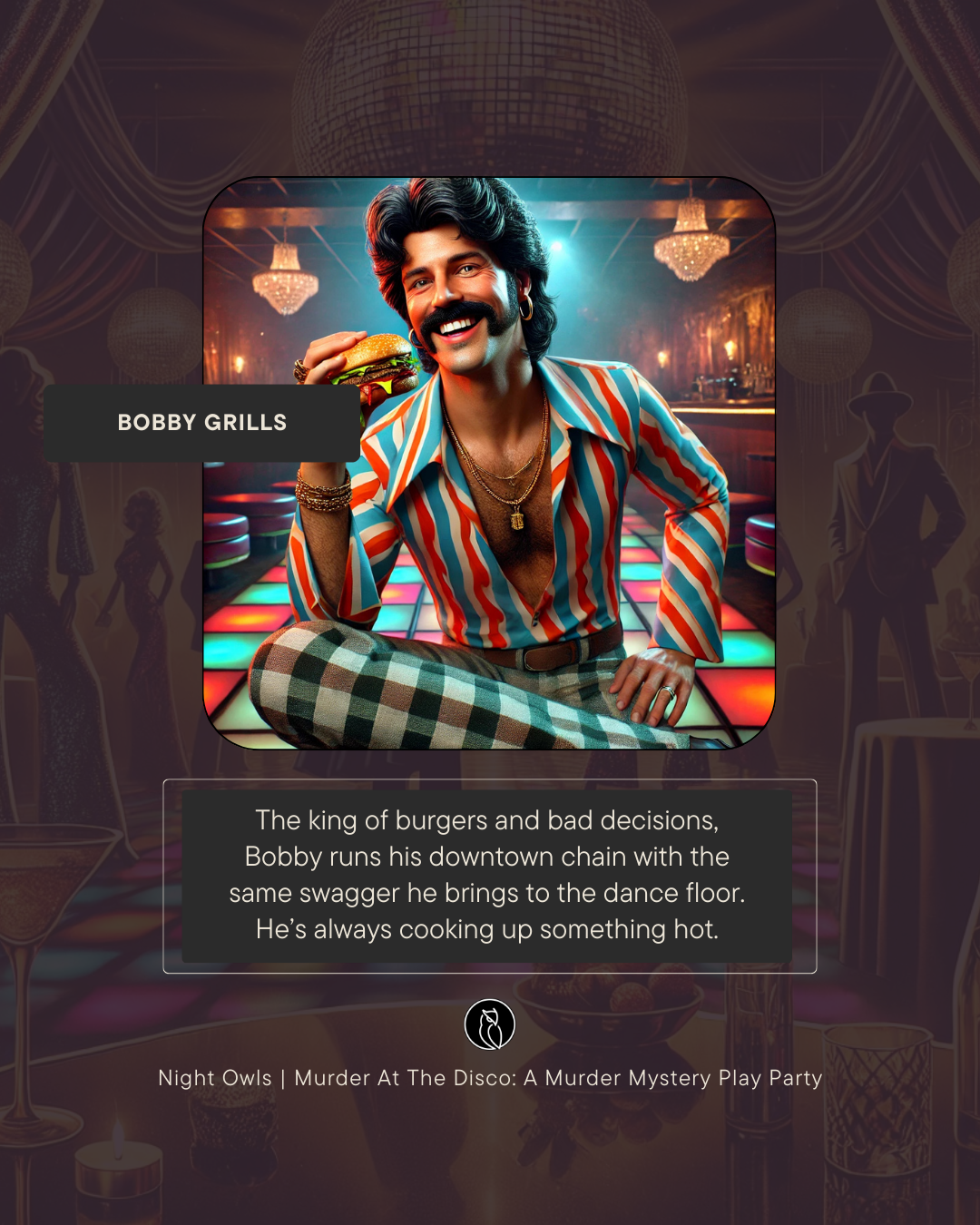 A man with dark hair, a mustache, and a goatee, wearing a colorful striped shirt with the top buttons open, plaid pants, and jewelry, smiling and holding a burger. The background features a disco-themed setting with colorful floors, chandeliers, and 