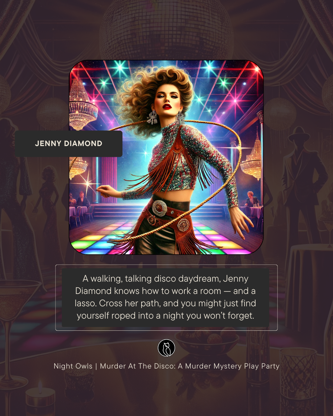 A woman with curly hair in a sparkly, fringed top and dark pants, holding a lasso, standing on a dance floor with colorful lights and a disco ball overhead, in a fancy, decorated room.