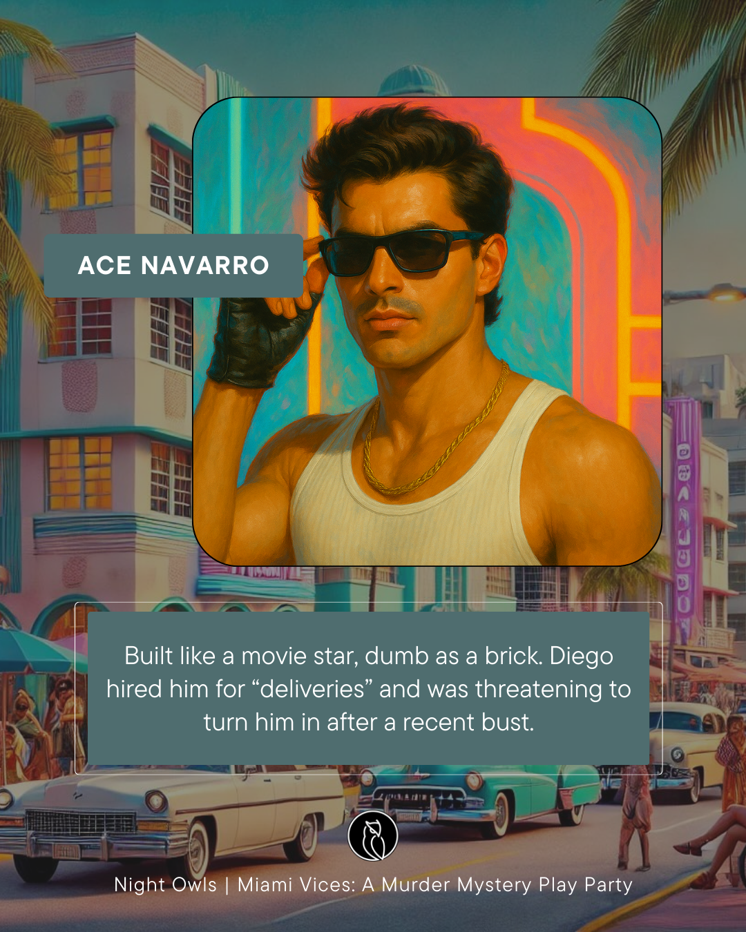 A portrait of Ace Navarro, a handsome man with dark hair, sunglasses, and a gold chain, set against a vibrant Miami backdrop during sunset.