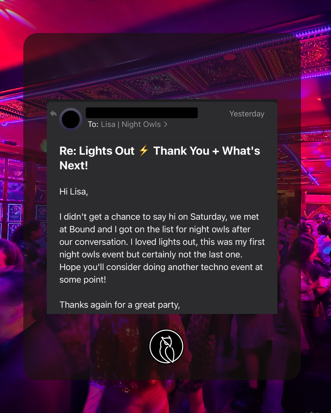 Screen shot of an email on a background of a colorful, lively nightclub with people dancing and neon lighting.