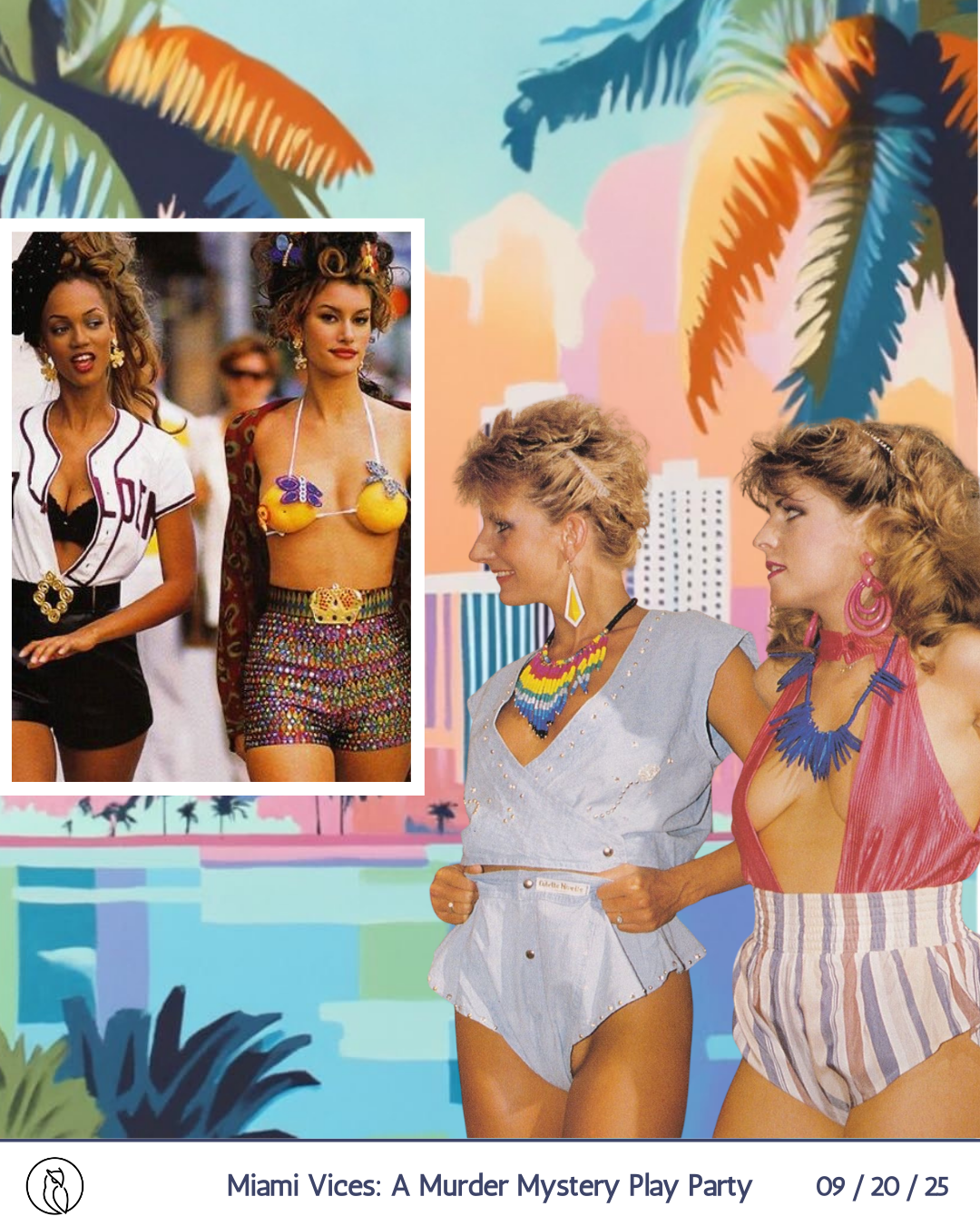 Scene from the TV show Miami Vices with three women in colorful 1980s clothing and accessories, standing in front of a vibrant Miami-style backdrop with palm trees and a city skyline.