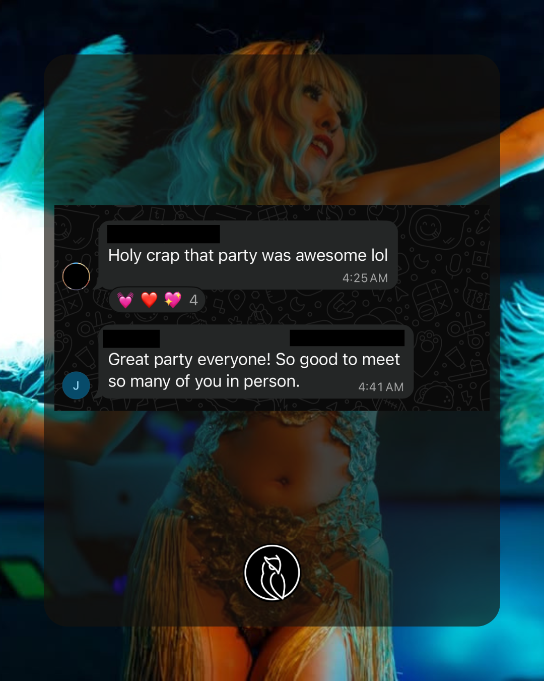 Text message conversation over a background of a woman with blonde hair in a revealing outfit, apparently at a party, celebrating with friends.