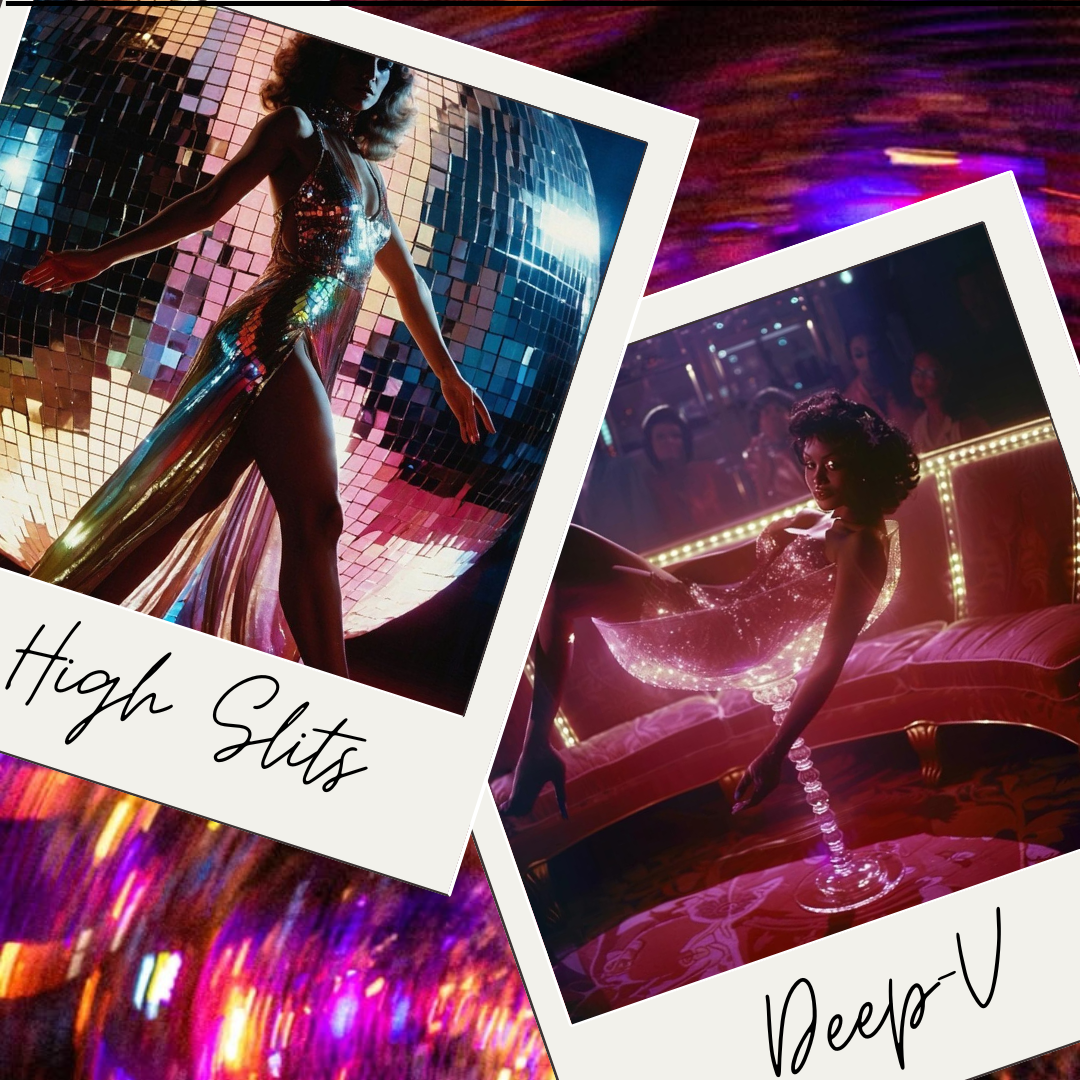 Two Polaroid-style photos of women in glamorous outfits with sequin and metallic details, set against colorful, reflective, and illuminated backgrounds, with handwritten text that reads "High Slits" and "Deep V." The overall scene has a vibrant, part