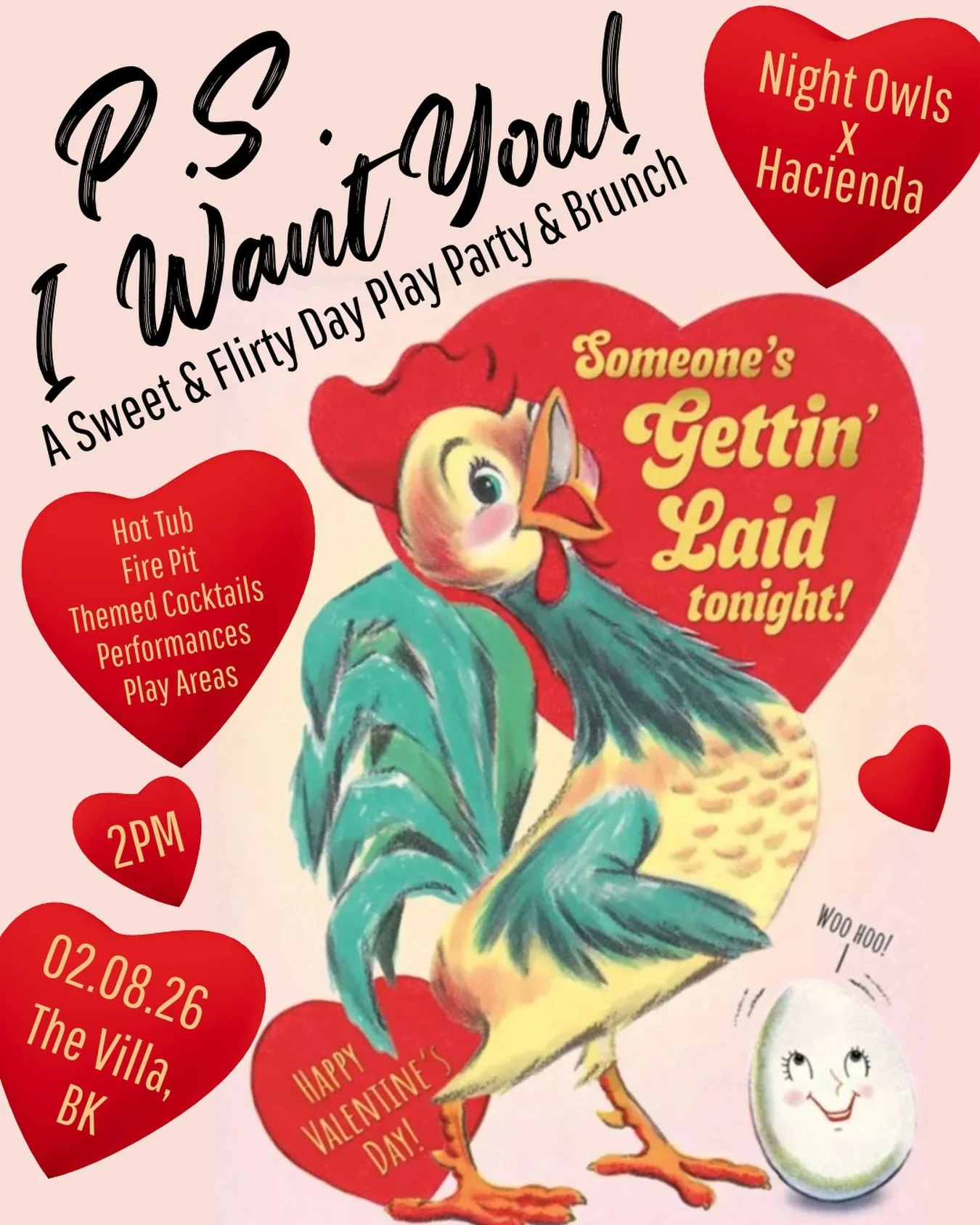 Welcome to P.S. I Want You!&hellip; a flirty meets sultry daytime play party and brunch experience brought to you by Night Owls and Hacienda!

Enjoy&hellip;

🥞 A delicious buffet brunch spread with Mimosas

🔥 Hot Tub, Fire Pit, and Heated Backyard
