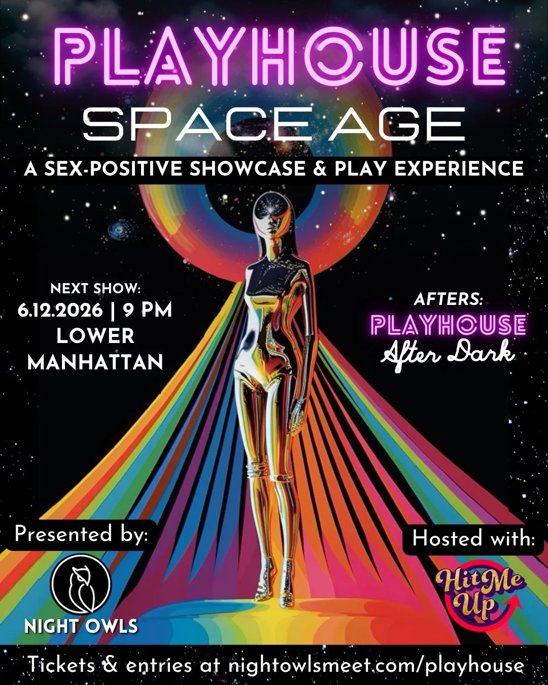 Enter Playhouse: Space Age, a retro-futurist dreamscape where chrome bodies, cosmic fantasies, and galactic desire collide.

Inspired by vintage visions of the future, this edition of Playhouse blends interstellar glamour with immersive performance, 