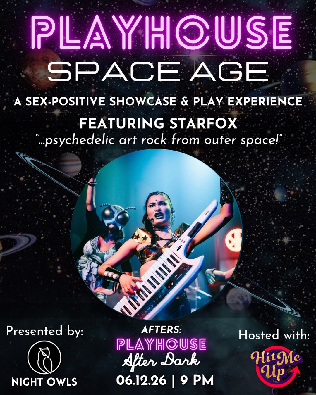🎹👽 LIVE FROM THE MOTHERSHIP 👽🎹

A cosmic transmission has been detected.

At Playhouse: Space Age, @starfoxandthefleet arrive 🎸

Part glam rock. Part interstellar spectacle. Part dance floor invasion.

🚀 Playhouse: Space Age
🛸 June 12, 2026
✨ 