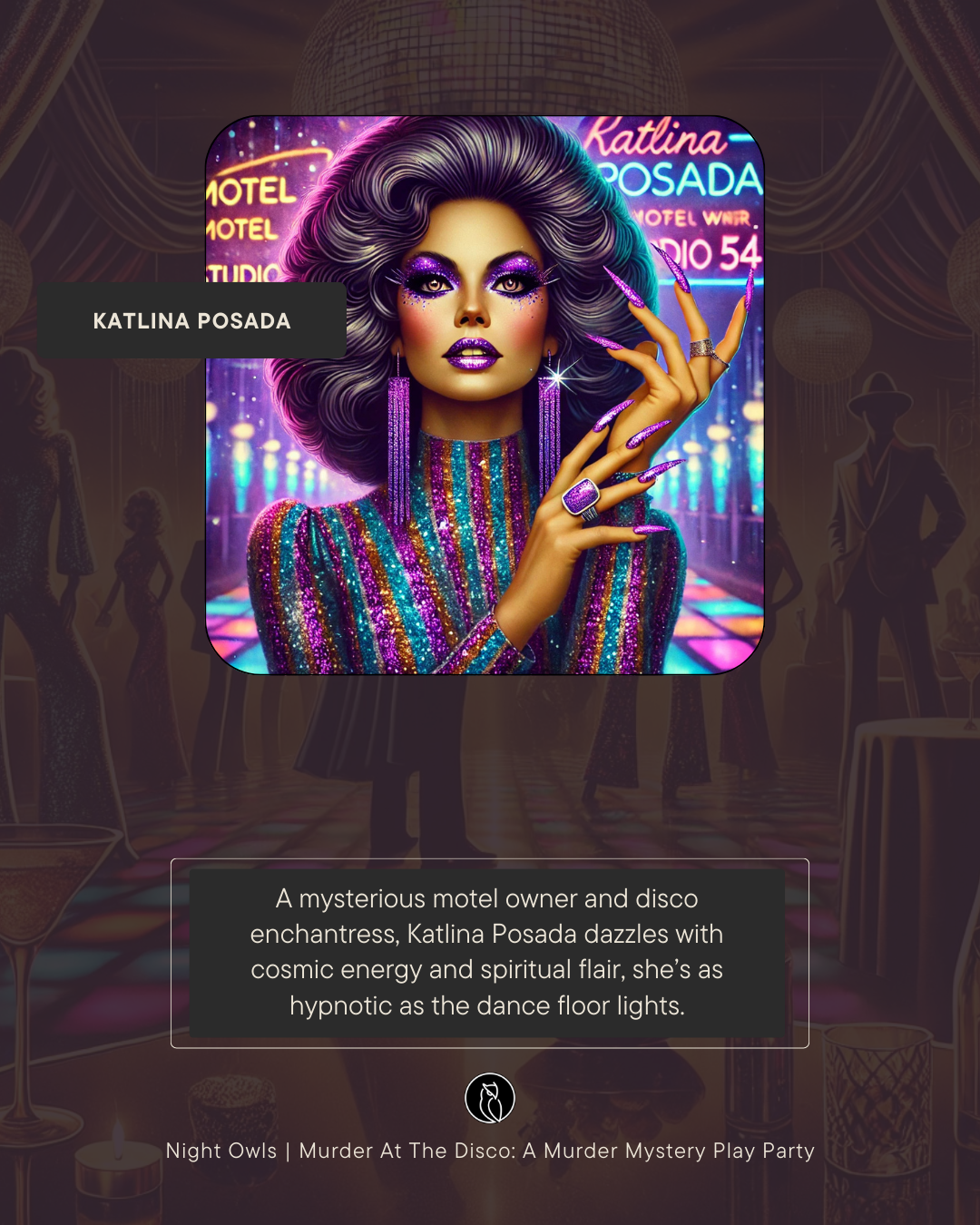 A glamorous drag queen with purple glitter makeup and a multicolored, glittery striped dress poses in a neon-lit nightclub scene. She has voluminous wavy hair, purple manicured nails, and is wearing large purple earrings and rings. Neon signs with th