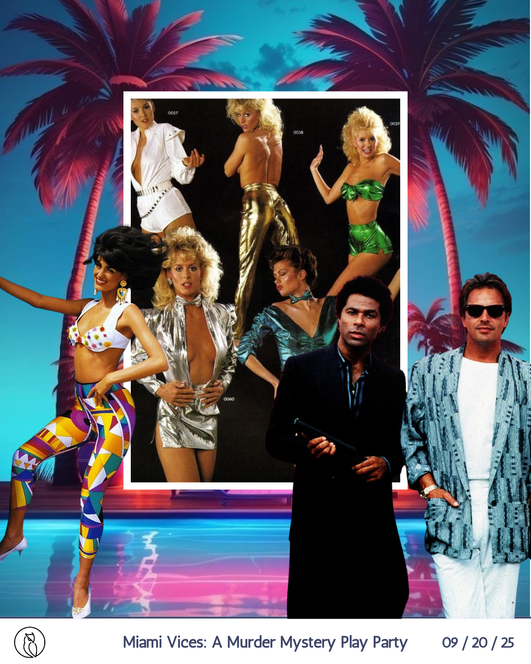 Promotional poster for 'Miami Vices: A Murder Mystery Play Party' featuring a collage of women in colorful and shiny outfits, with two men in the foreground, set against a tropical background with palm trees and a sunset sky.