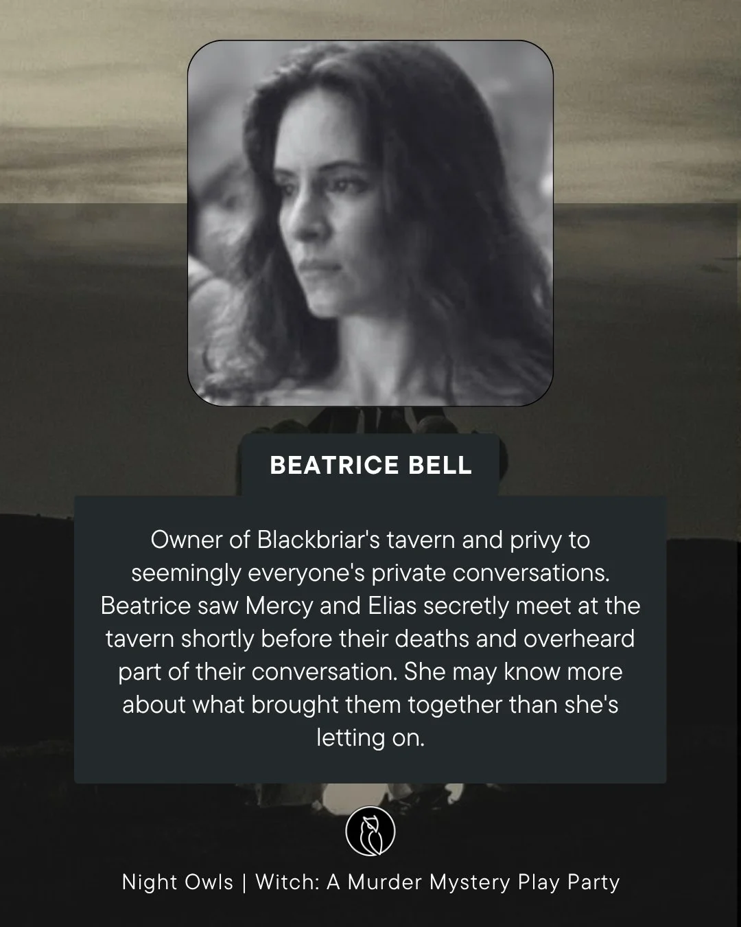 Black and white illustration of a woman with long dark hair, with the name Beatrice Bell below. The background shows a dark, cloudy sky over a landscape with a lake and mountains. Text describes her as the owner of Blackbriar's tavern, who overheard 