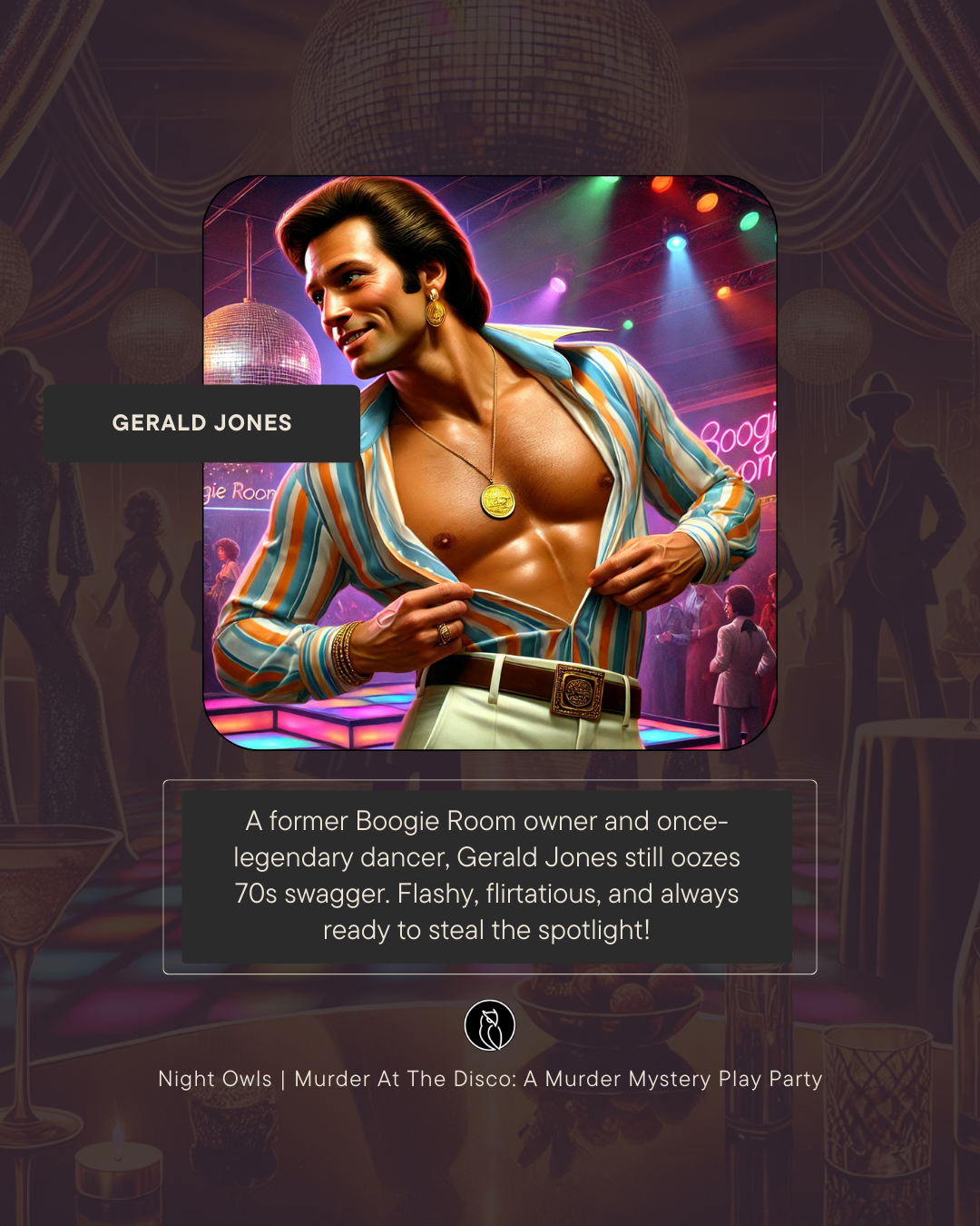 A man with a muscular build, wearing a colorful striped open shirt, gold jewelry, and white pants with a large belt buckle, is standing in a nightclub with a disco ball and colorful lights in the background.