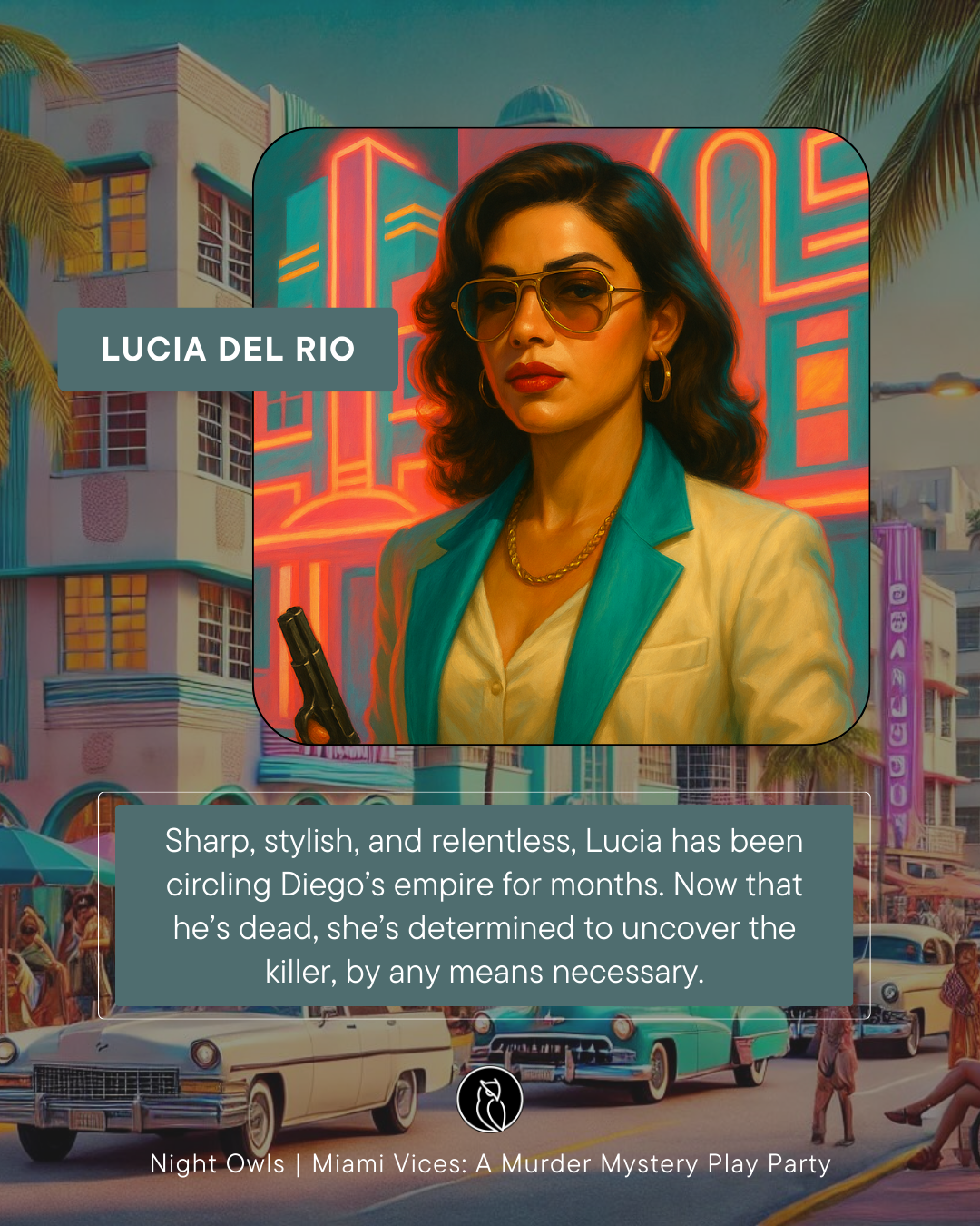 Illustration of a woman with dark wavy hair, wearing sunglasses, earrings, a gold chain, a cream-colored blazer with teal lapel, and holding a gun. The background features neon signs and a city scene with vintage cars and palm trees, themed around Mi