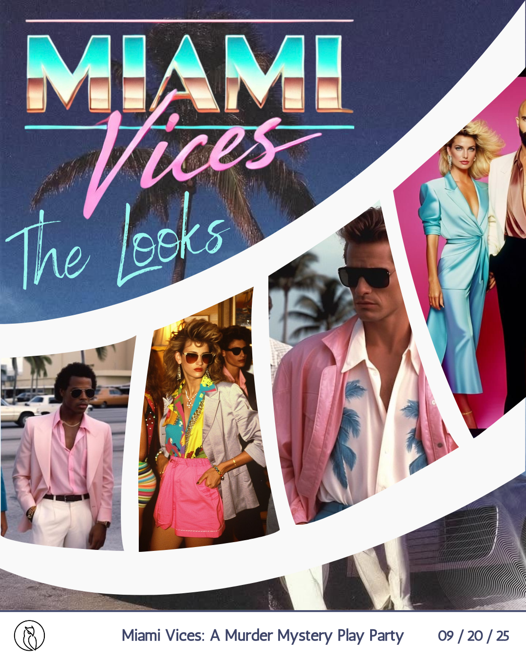 Collage of characters wearing 1980s Miami Vices-inspired fashion, including pastel suits, sunglasses, and bold patterns, with a Miami scene background.