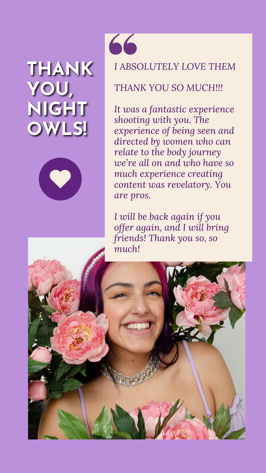 A thank you card featuring a smiling woman with pink and purple hair, surrounded by pink flowers, with a written message of appreciation on a purple background.