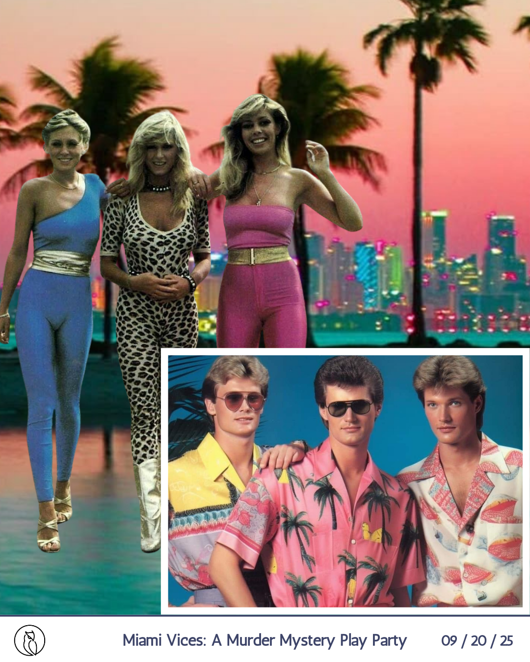 Photo of three women in Miami at sunset with palm trees and city skyline in the background; inset of three men in colorful, tropical shirts standing together on a beach or patio.