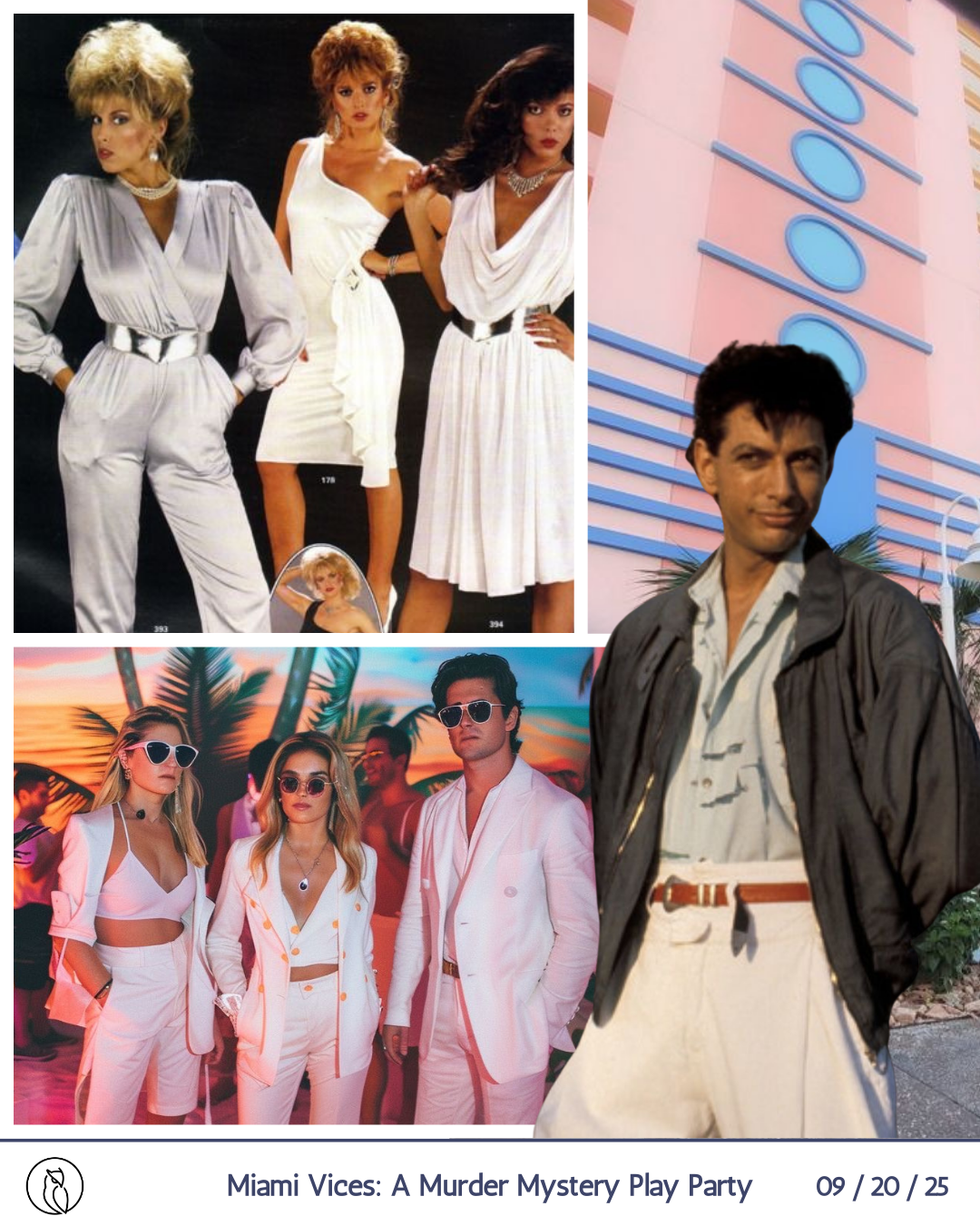 Collage of scenes from Miami Vices: A Murder Mystery Play Party, showing characters in 1980s fashion, a pink building with blue signage, and a tropical sunset background.