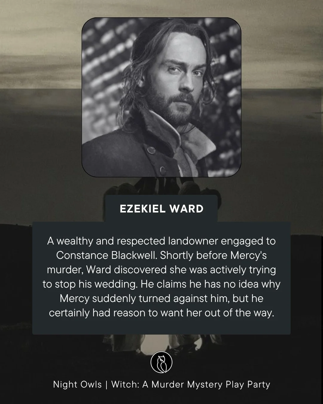 Black and white image of a man with long hair and beard, wearing a dark coat with a high collar, looking serious, with a background of out-of-focus lights.