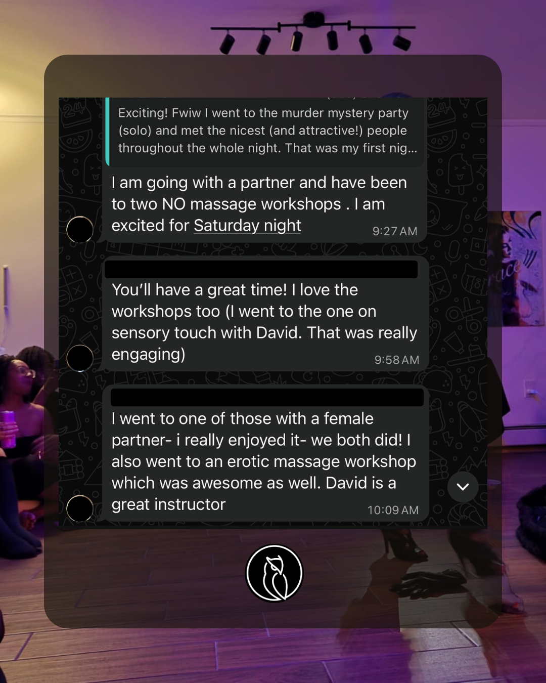 Screenshot of a group chat over a dark background with messages about attending massage workshops, over a dimly lit room with people sitting on the floor and purple lighting.