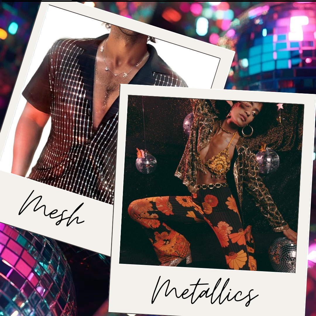 Two polaroid-style photographs featuring individuals in flashy, glamorous outfits. The first person is wearing a mesh top with metallic details, with jewelry and a partially visible face. The second person is dressed in a golden, sequined jacket with