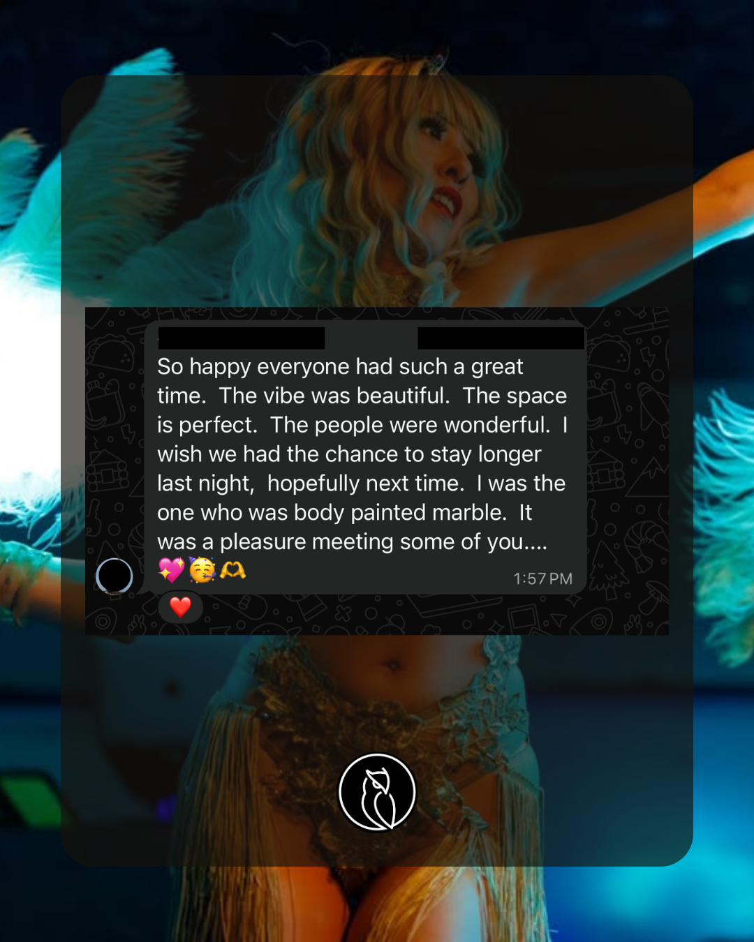 A woman with long curly blonde hair and angel wings, wearing a gold and white costume, reaching towards the sky outdoors at night