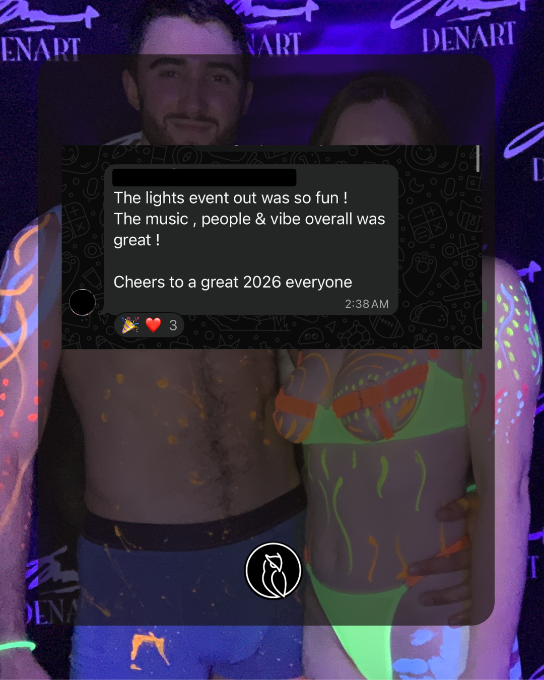 People with bodies painted with neon glow-in-the-dark paint at a blacklight party, with a background featuring the DENART logo.