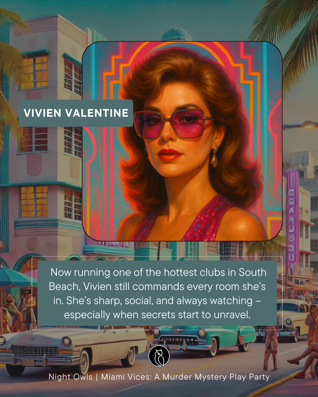 Cover of Night Owls: Miami Vices: A Murder Mystery Play Party' featuring a woman with wavy red hair, wearing pink sunglasses and earrings, set against a colorful neon Miami backdrop with vintage cars and people on the street.