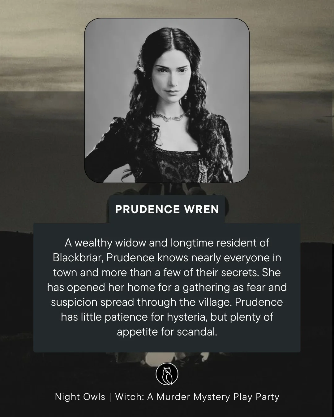 Black and white portrait of Prudence Wren, a woman with long, curly dark hair, wearing a dark dress and necklace, against a plain background.