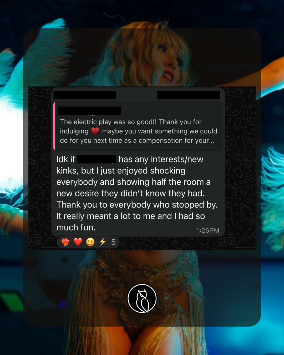 Screenshot of a messaging app conversation over a background image of a woman with blonde hair and blue-tinted feathers, with comments about an electric play experience.