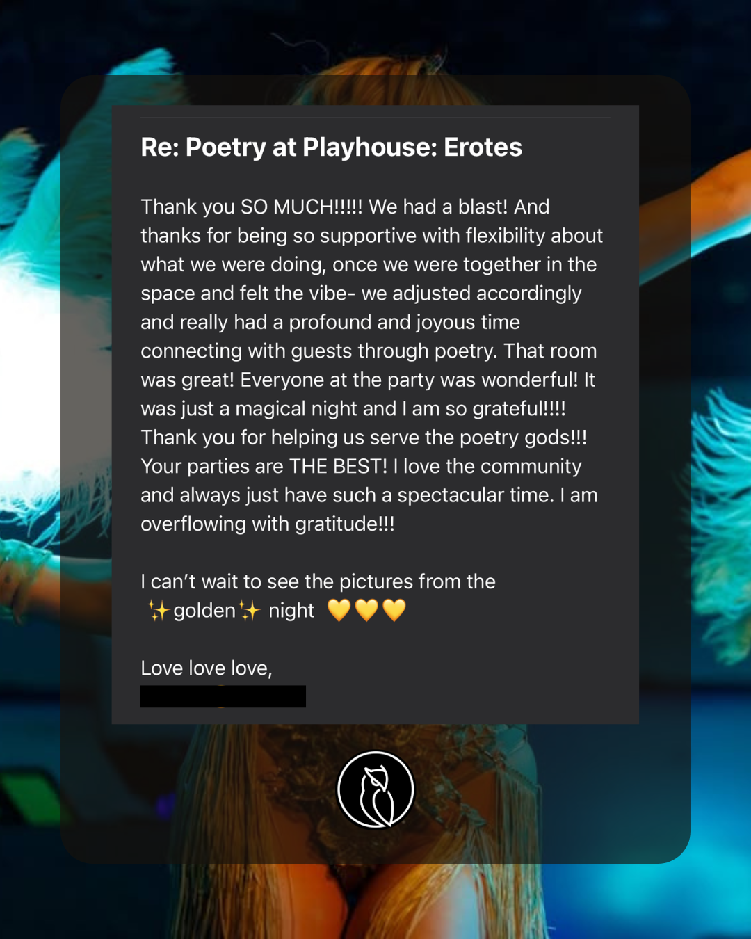 Screenshot of a heartfelt thank you message in response to a poetry event at a playhouse, describing a joyful night with gratitude and excitement to see photos from the event.