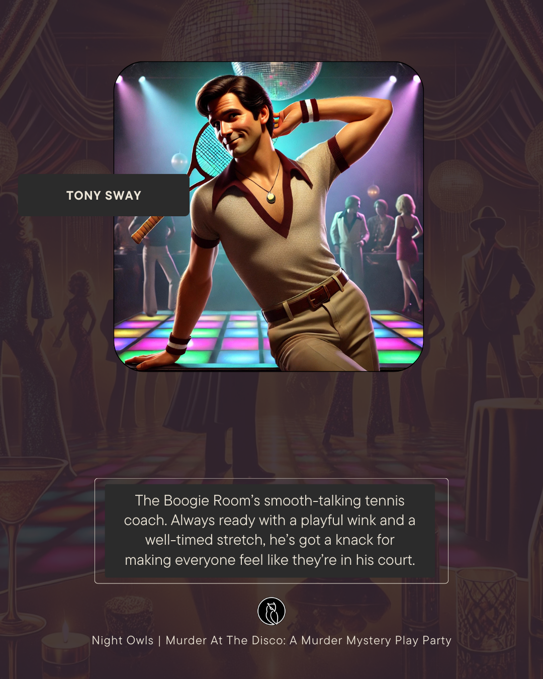 A young man in 1970s attire, holding a tennis racket, in a retro dance club with a brightly lit, colorful dance floor and disco ball, background with other dancing people.