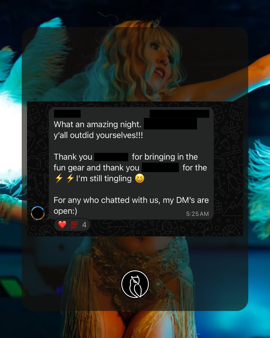 A woman with blonde hair and curly hair styled with bangs, wearing makeup and a sequined dress, reaching out with her right hand against a dark background with blue and green lighting effects.