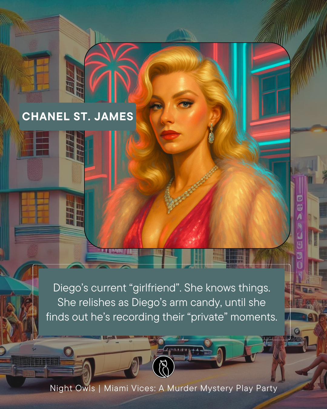 Digital artwork of a blonde woman in glamorous attire, with jewelry, in a neon-lit Miami scene with vintage cars and palm trees.