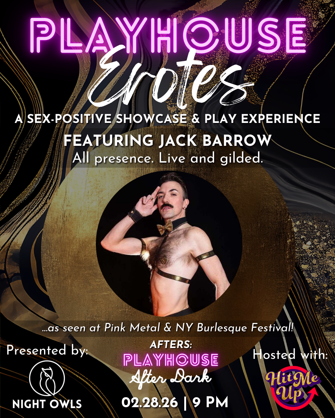 Promotional poster for Playhouse Erotes, a sex-positive showcase and play experience featuring Jack Barlow, with a photo of Jack Barlow dressed in revealing leather straps and accessories, with a neon pink and purple title, event details, and logos.