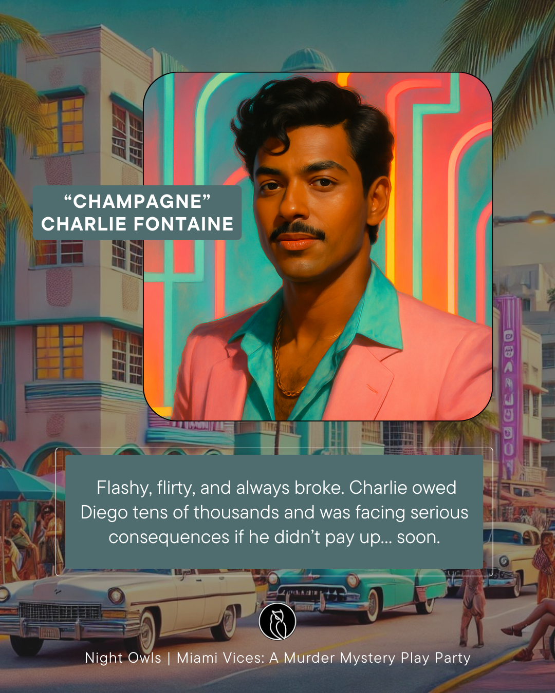 Promotional poster for the movie 'Miami Vices: A Murder Mystery Play Party' featuring a man dressed in a pink blazer with a teal shirt, set against a neon-lit Miami street scene with vintage cars and art deco buildings.