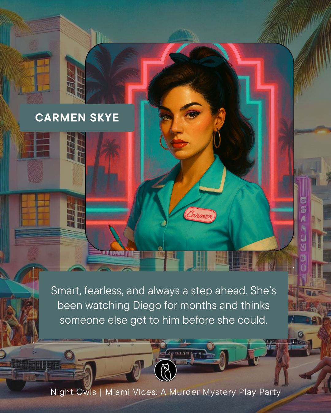 Illustration of a woman named Carmen Skye in a retro diner, wearing a teal uniform with a name tag, set against a background of neon signs and vintage cars.