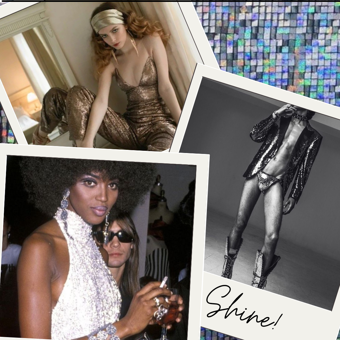 Collage of four fashion photographs including a woman in a metallic jumpsuit, a person with large afro hairstyle wearing large earrings, a person in a sequined blazer and shorts with patent leather boots, and a shimmering mosaic background with the w
