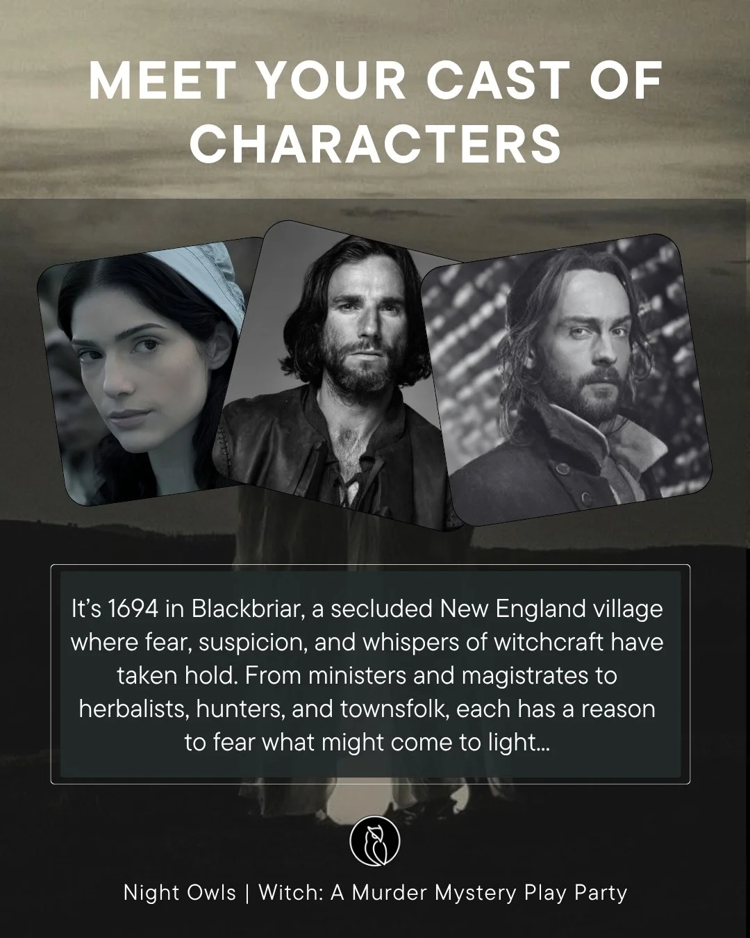 A promotional poster for a murder mystery play called 'Night Owls' featuring three cast members' portraits with a background of a lake and trees, with text inviting viewers to meet the cast of characters and describing the setting in Blackbriar, New 