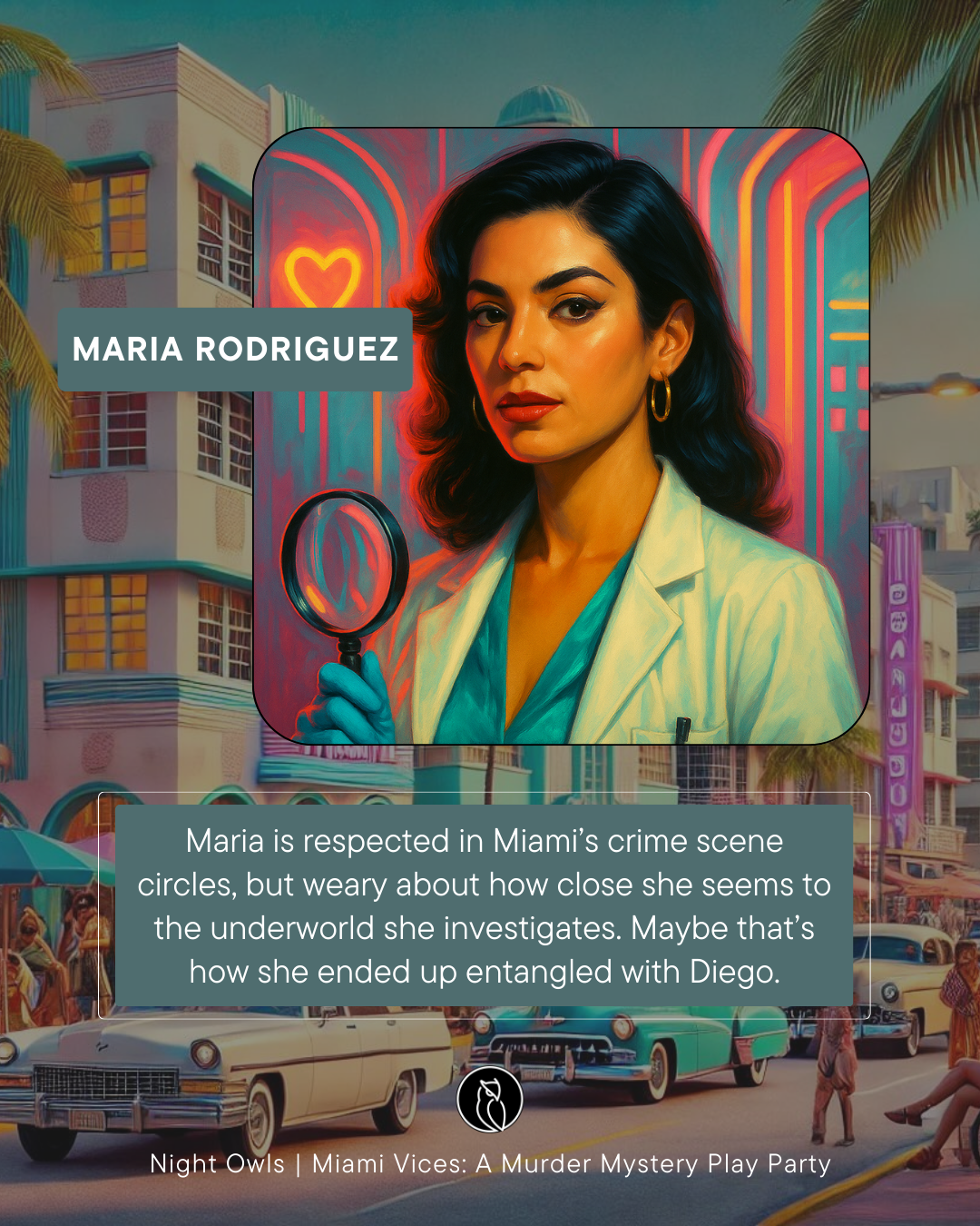 Illustration of a woman with dark hair and lipstick, holding a magnifying glass, set against a colorful Miami background with art deco buildings and retro cars.