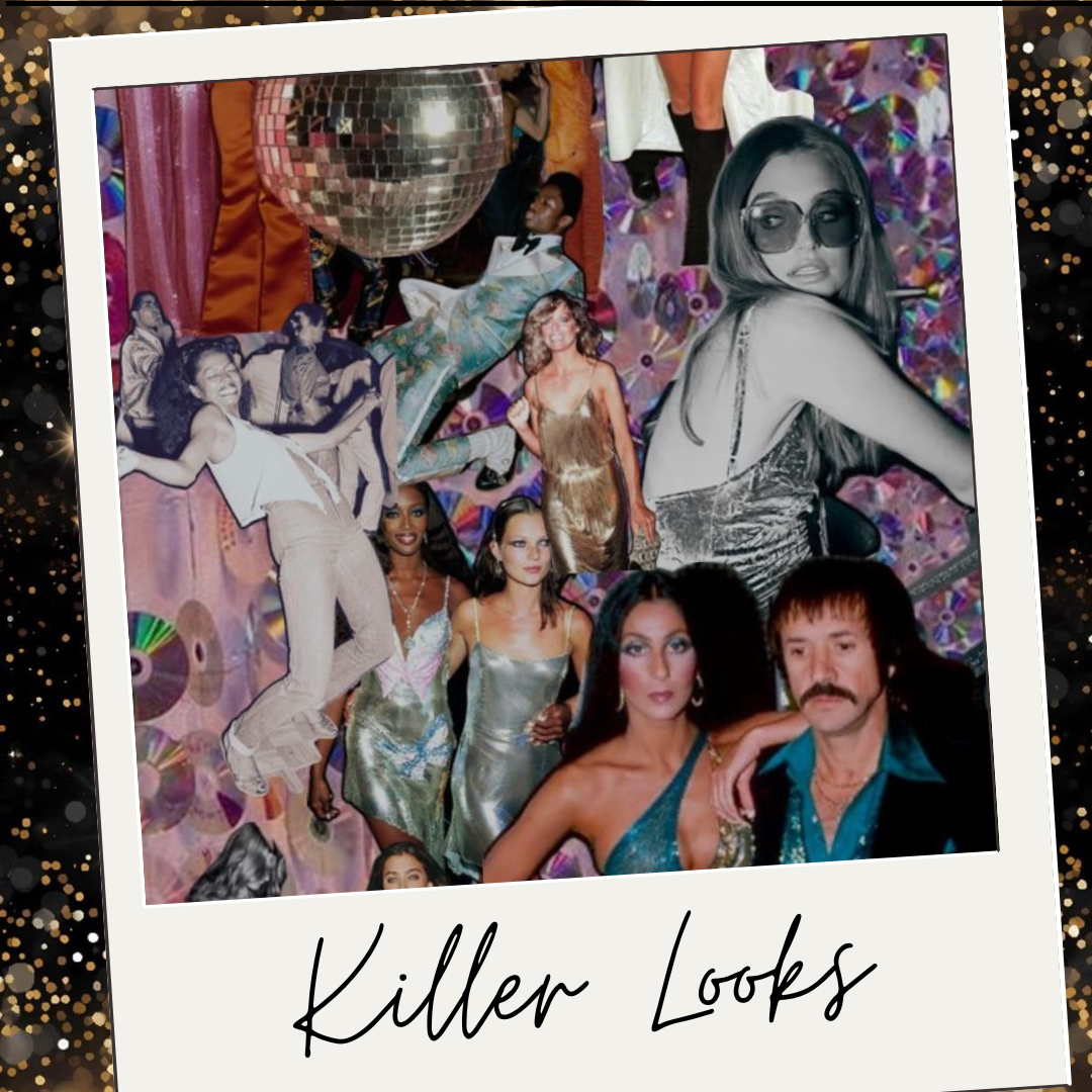 A collage of retro and modern fashion photos featuring people in glamorous outfits, including metallic dresses, sunglasses, and hairstyles, with a disco ball and colorful background. The caption reads 'Killer Looks'.