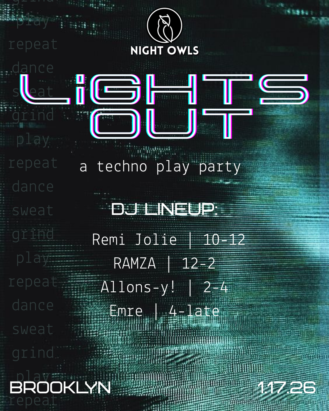 Event poster for Night Owls promoting a partnered erotic massage workshop and play party on January 23, 2026 in Lower Manhattan, featuring a black and white photo of hands receiving a massage.