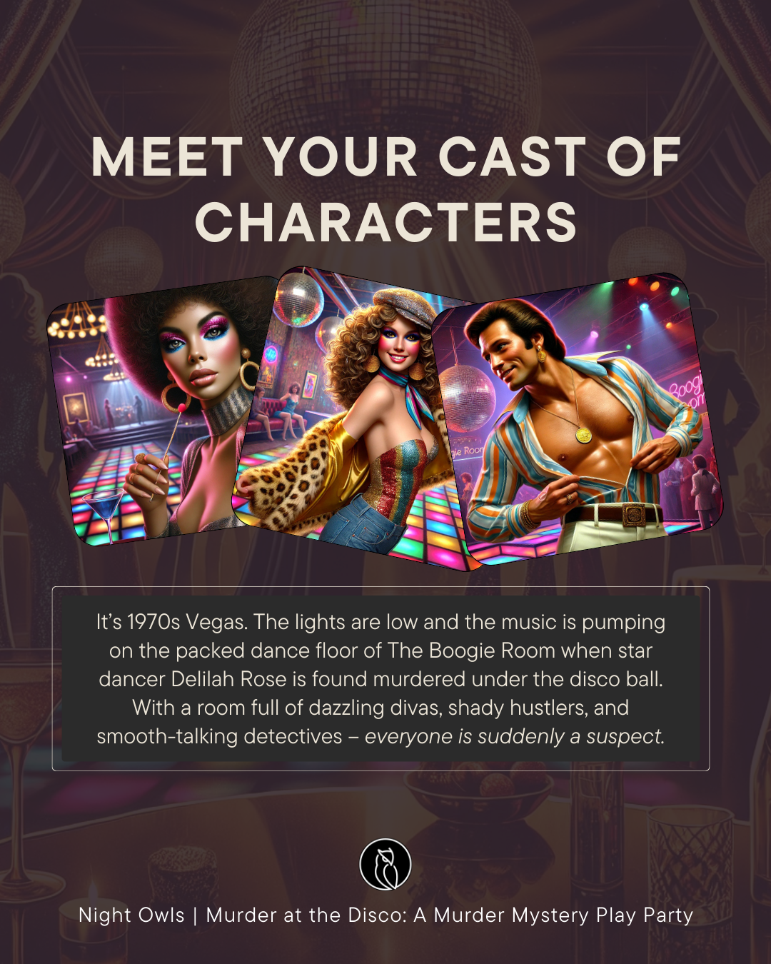 Three illustrated characters dressed in 1970s disco attire standing on a colorful dance floor, with a nightclub scene background.