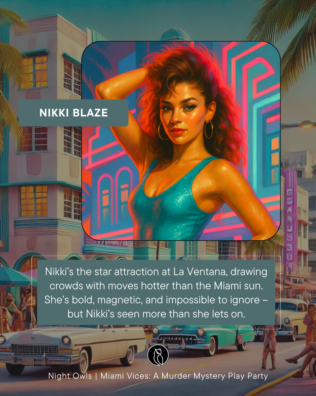 Colorful digital illustration of a woman with curly red hair, wearing a shiny blue top, standing in front of a vibrant neon cityscape with buildings and geometric patterns.