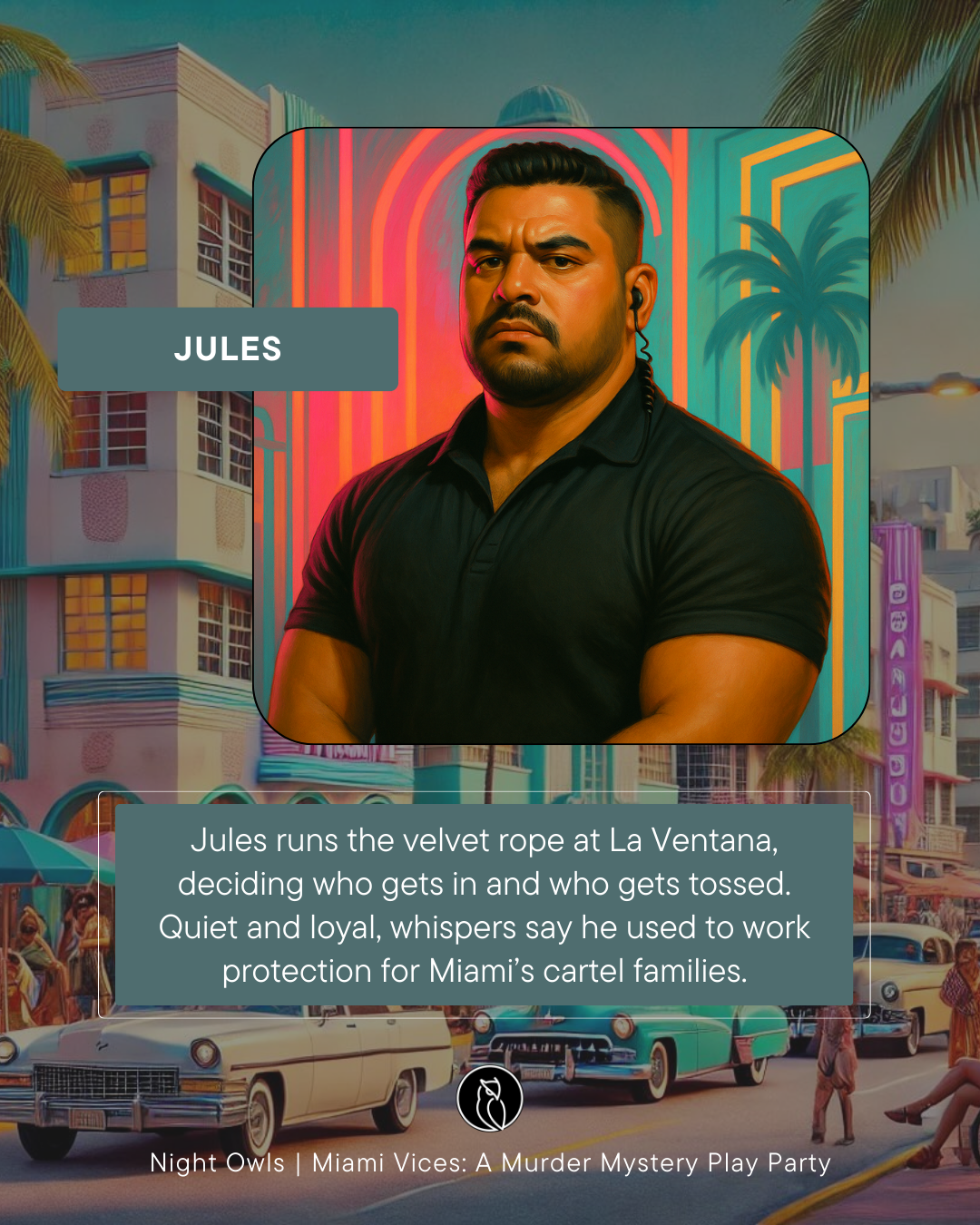 A portrait of a muscular man with dark hair and a beard, wearing a black shirt, placing his arms across his chest, set against a colorful Miami-themed mural with palm trees and neon signs.